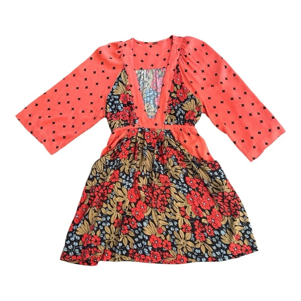 Free People Tangerine Talulla Bright Floral Printed Mini Sun Dress Rayon Small